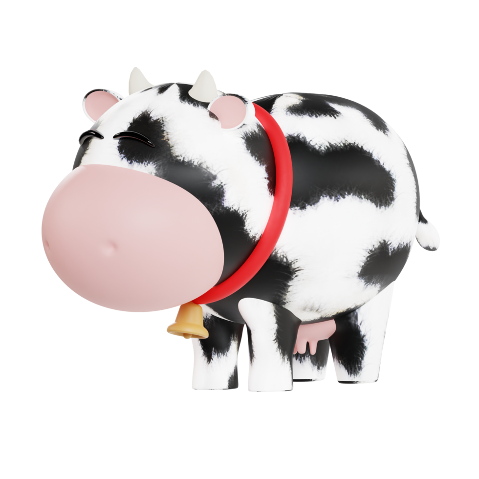 A black and white cow with a red strap and a bell on its neck 3d render illustration png