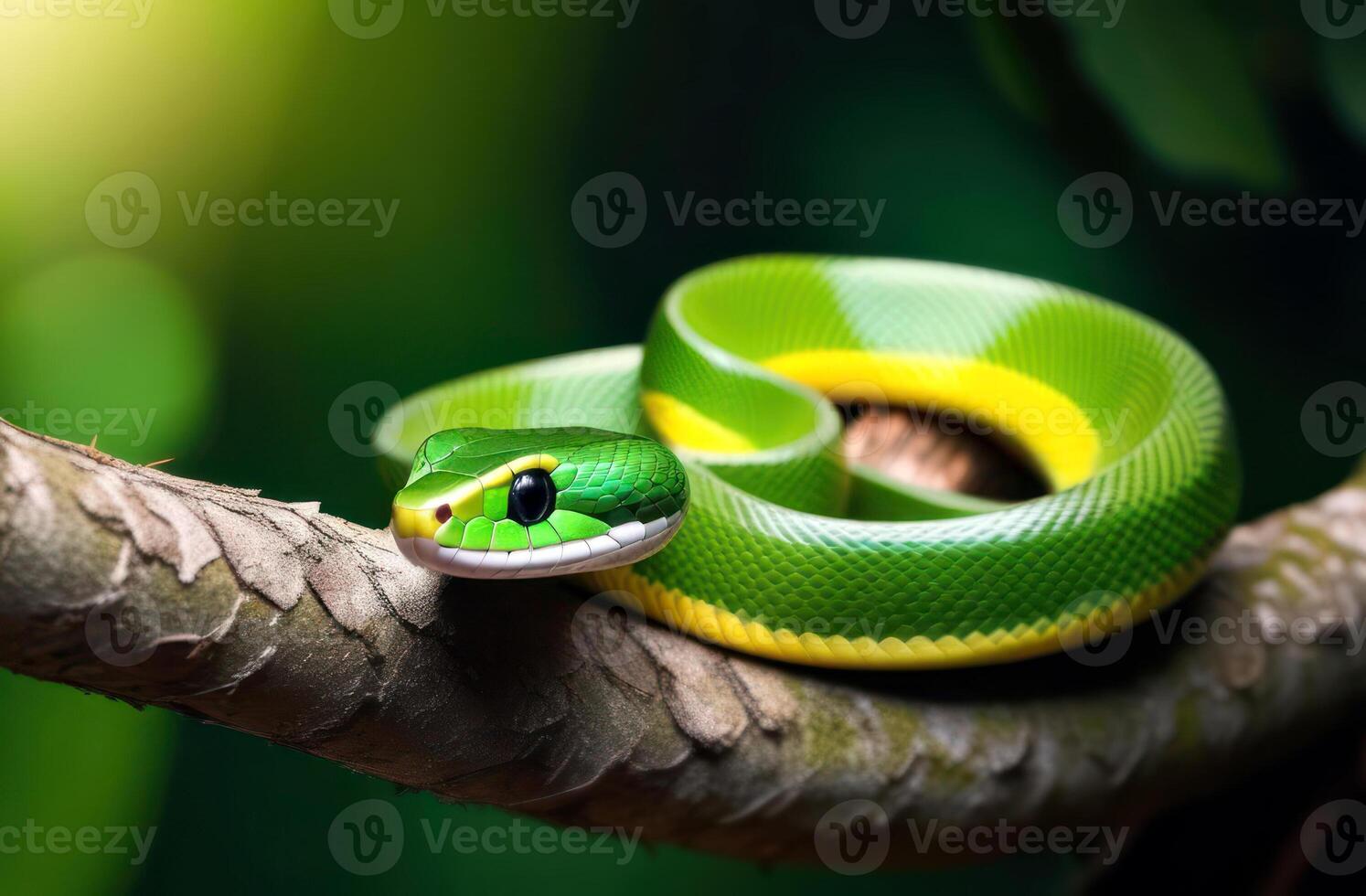 A cute green snake nestled on a tree branch on a blurred forest background. symbol of the year 2025, marketing materials. Christmas Concept photo