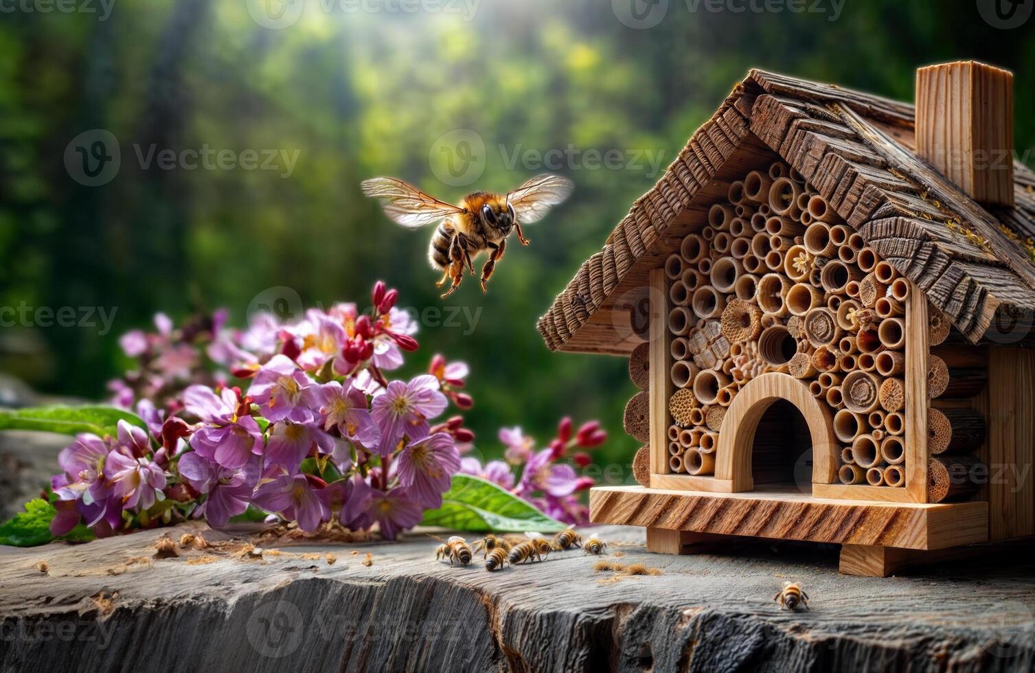 Buzzing with fluttering wings, a bee purposefully approaches the wooden insect hotel, searching for the ideal place to build a new nest photo