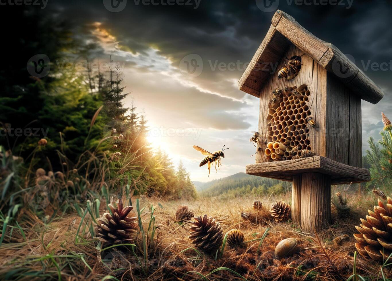 Wooden insect hotel in field under gloomy cloudy sky with wasps flying and crawling into the house. Insect Day photo