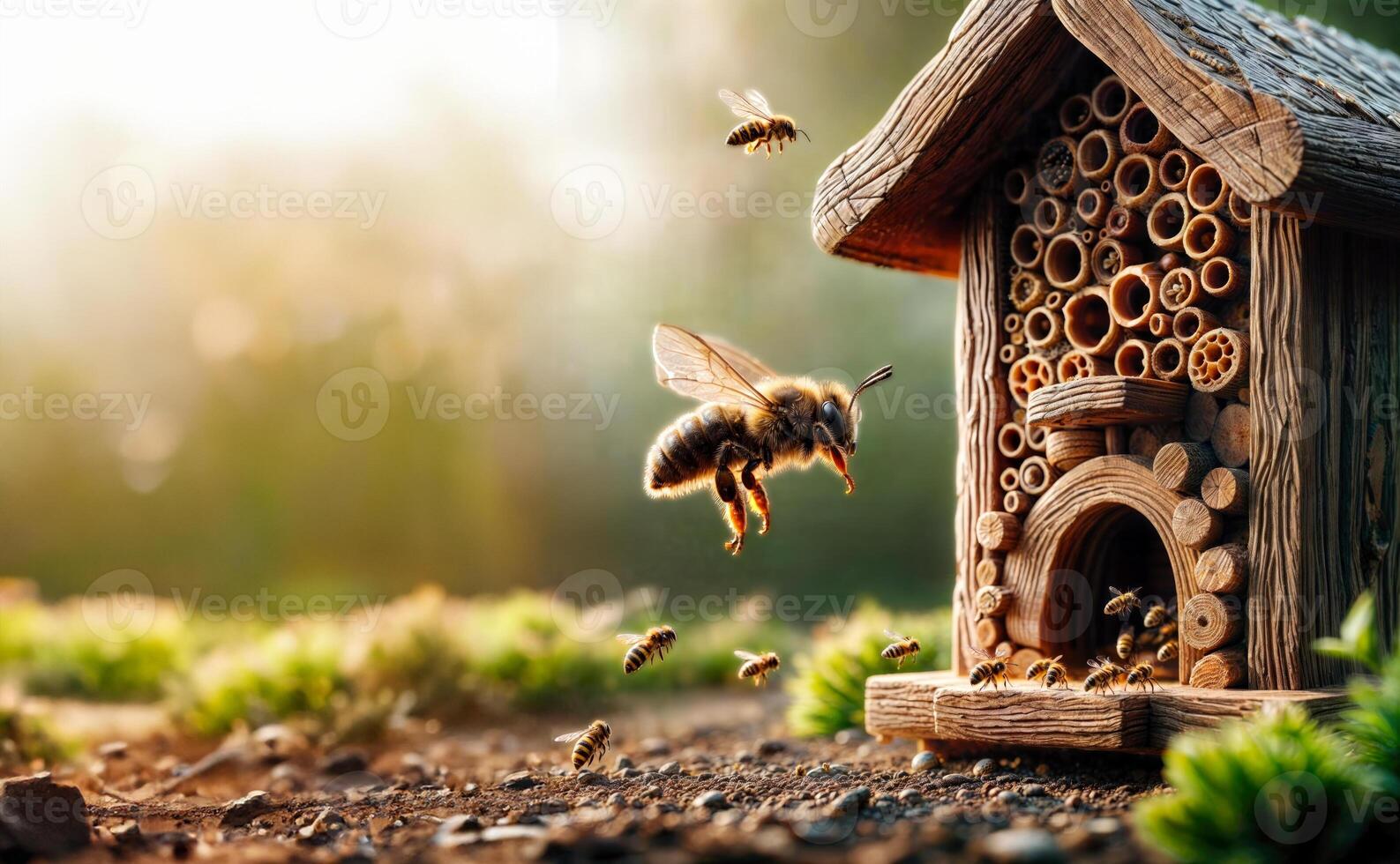 a wooden insect hotel against a blurred background of greenery at golden hour, invites bees to snuggle up in its comfortable apartments photo