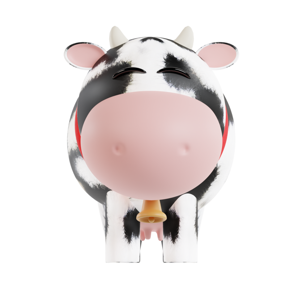 A black and white cow with a red strap and a bell on its neck 3d render illustration png