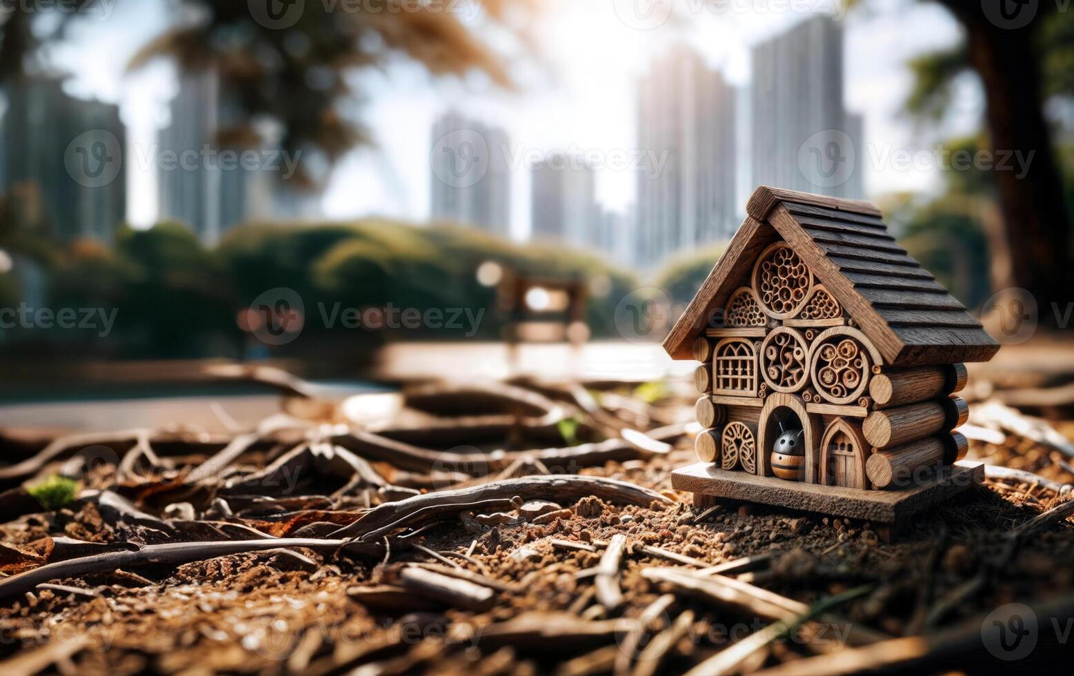 The wooden hotel with comfortable rooms for bees becomes an ecological oasis in the urban environment, inviting pollinators to set up their family nests here photo