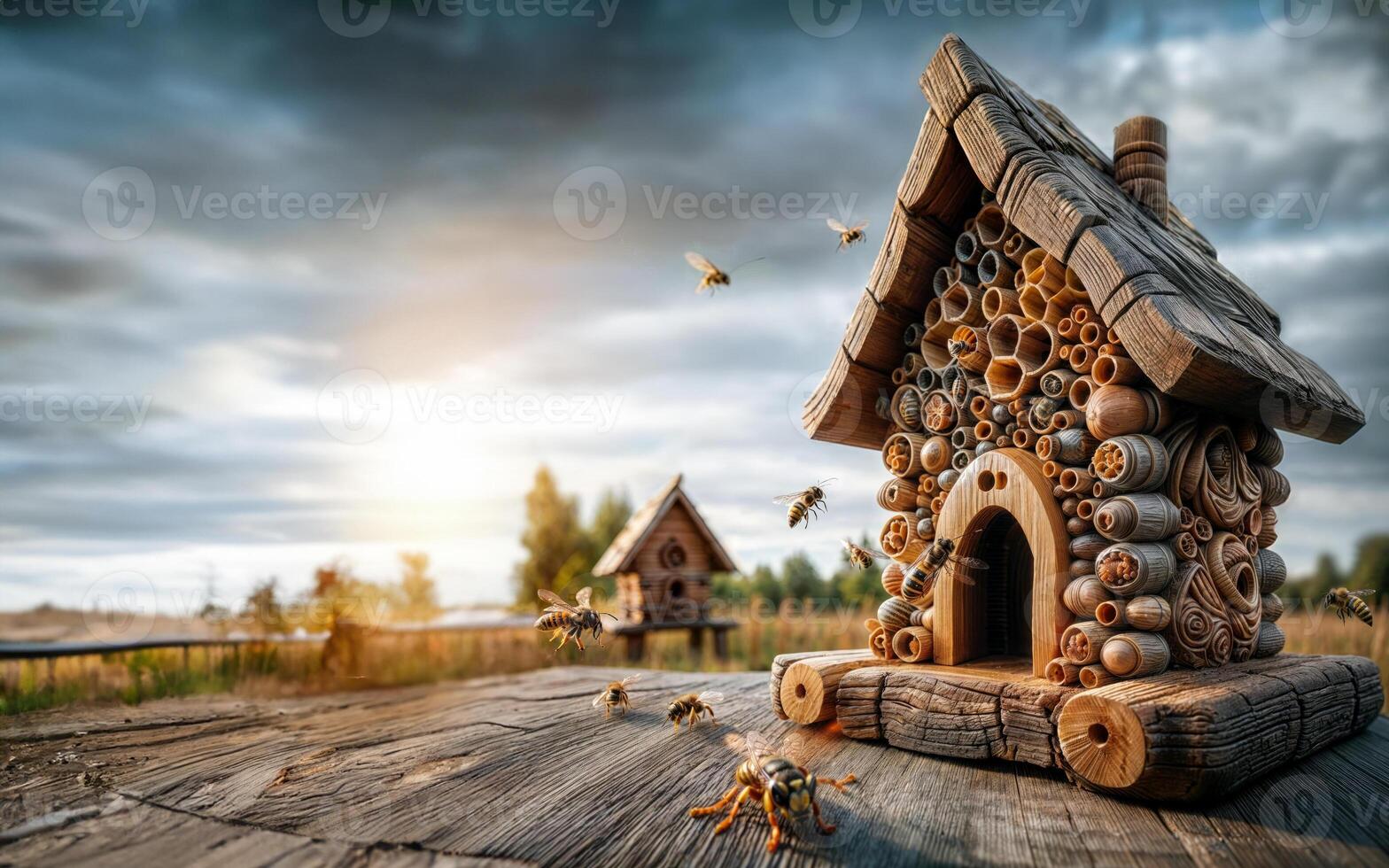 Swarms of wasps fly near the insect hotel. Wooden house for insects, protection and nesting. Free space for adding text photo