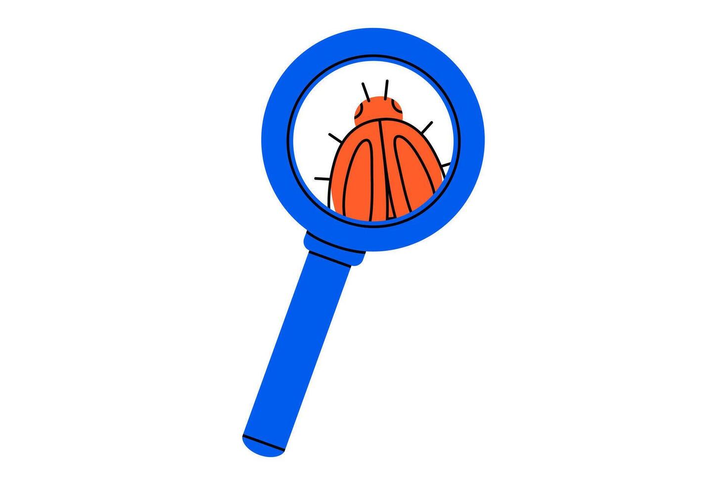 Hand drawn cute cartoon illustration of bug in magnifying glass. Flat beetle insect in doodle. Computer software security icon. System error search. Virus alert. Repair code service. Isolated. vector
