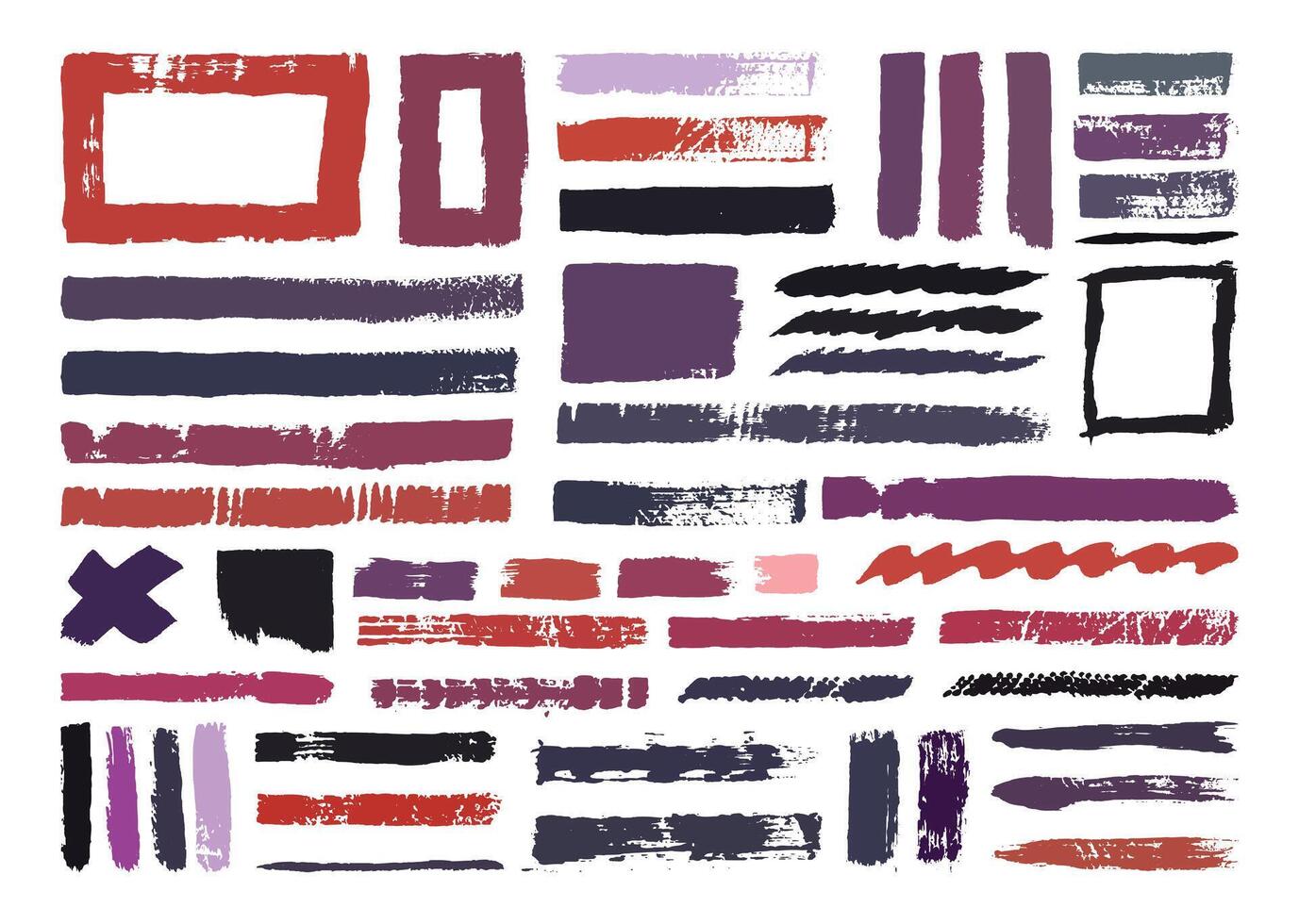 Hand drawn paint brushes icon set. Grunge painting texture element. Square, lines, x, and wavy shapes brush strokes. Hand drawn artistic forms collection. vector