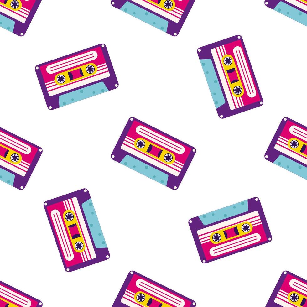 80s, 90s retro elements. Pattern with audio cassettes and geometrical elements in the Memphis style vector