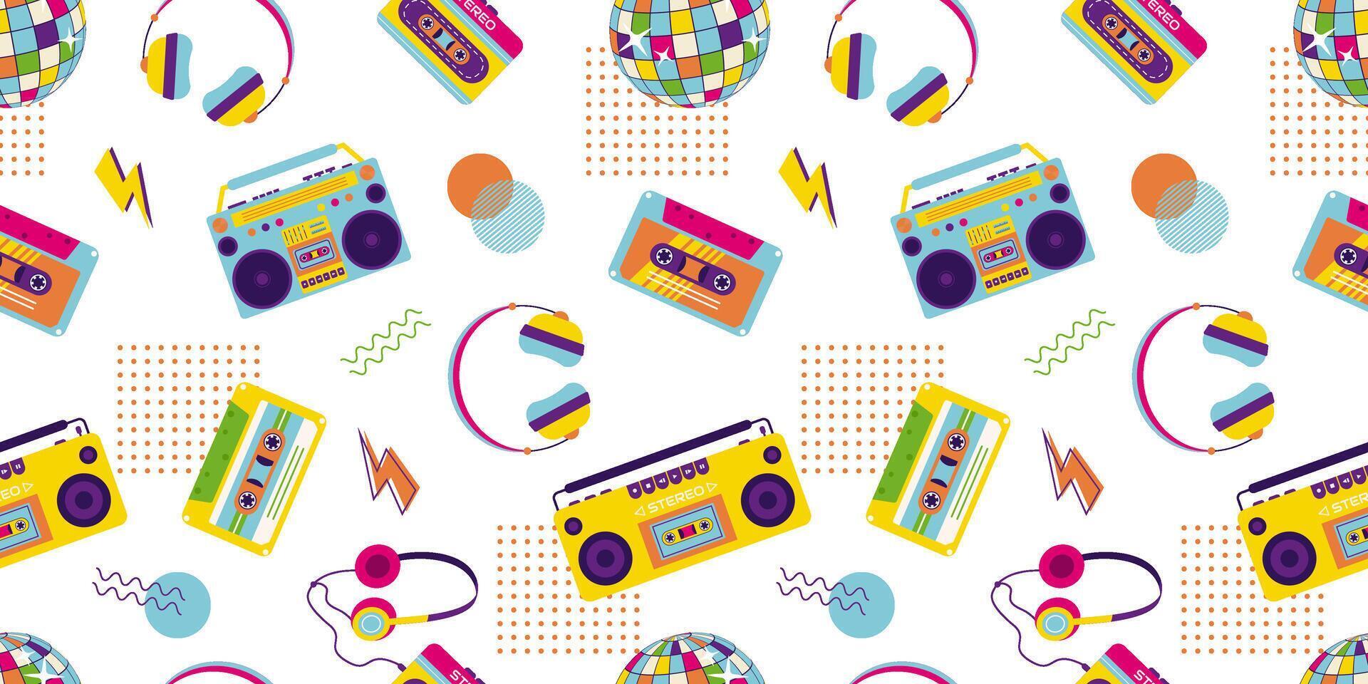 90s retro elements. Seamless pattern with tape recorder, audio tape, headphones and disco ball. Aesthetics of the 90s vector