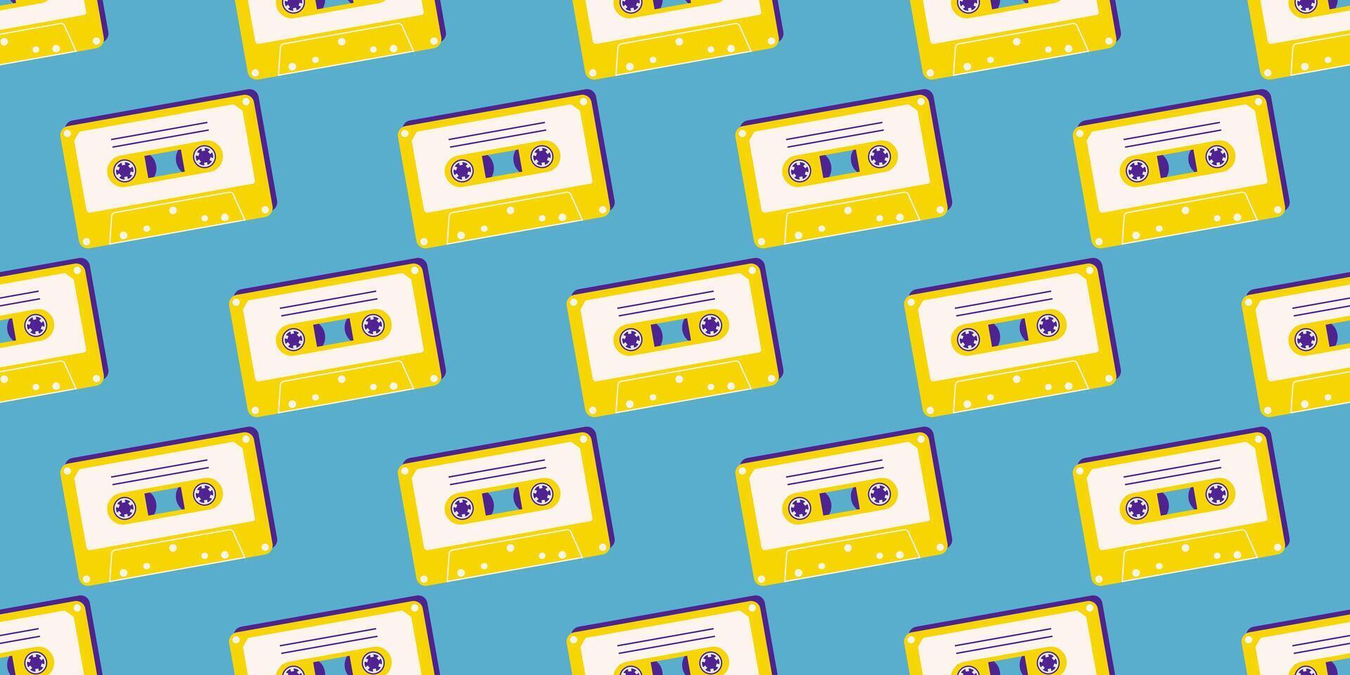 80s, 90s retro elements. Pattern with audio cassettes and geometrical elements in the Memphis style vector