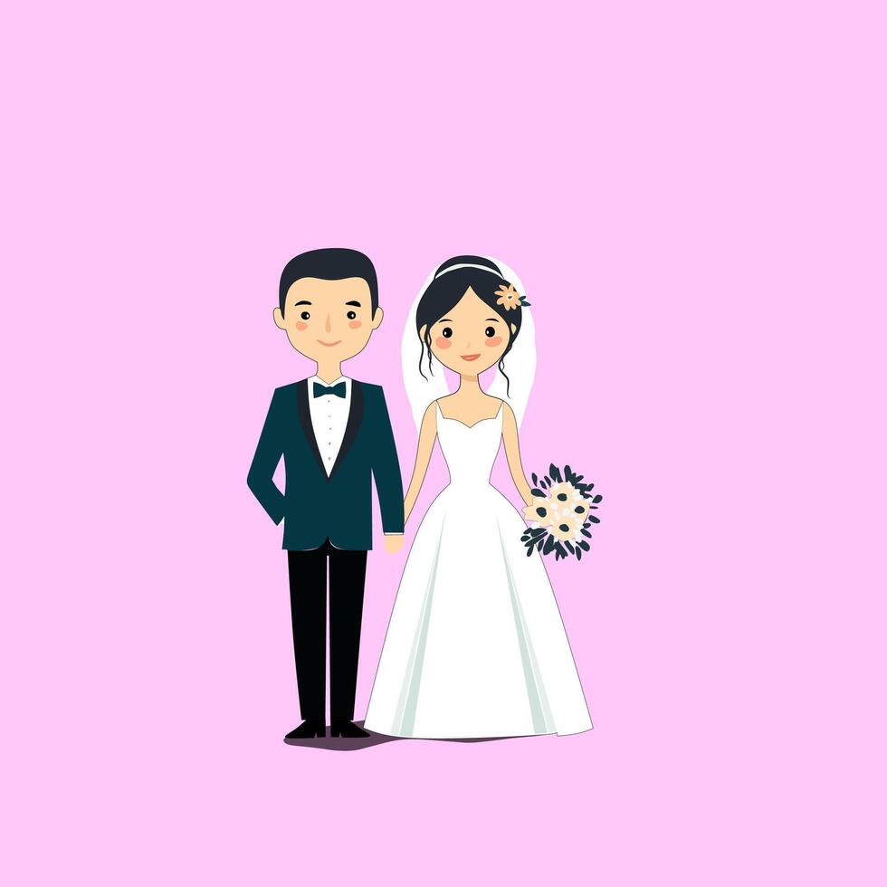 cartoon illustration of a bride and groom wedding flat design vector