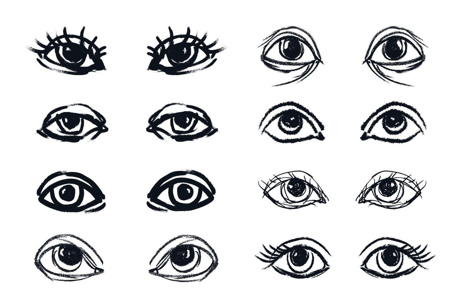 Grunge brush stroke eyes set. Ink grunge ophthalmologist symbols drawn with markers and crayons set vector
