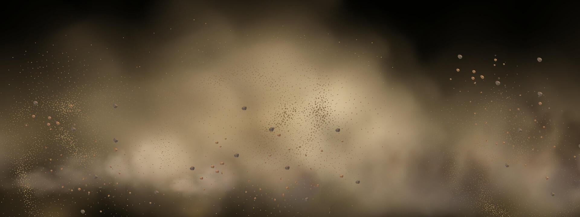 background of a sand explosion with dirt and cloud smoke. Brown sandstorm splash and dirty ground with a textured wind effect.Yellow flying particles and stone. vector