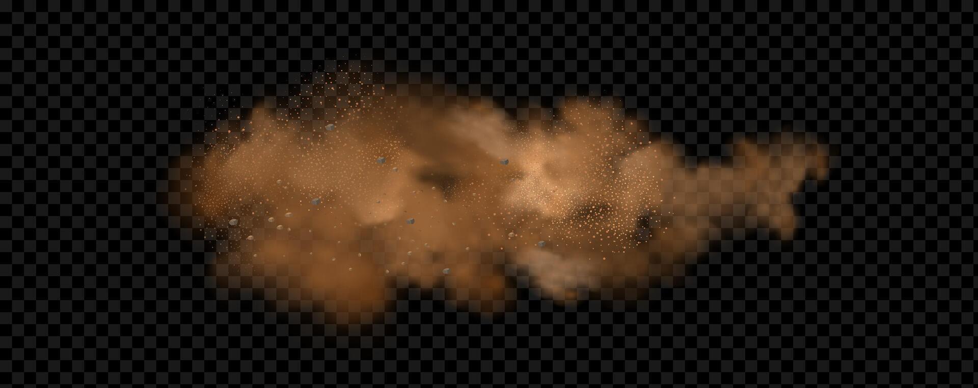 background of a sand explosion with dirt and cloud smoke. Brown sandstorm splash and dirty ground with a textured wind effect.Yellow flying particles and stone. vector