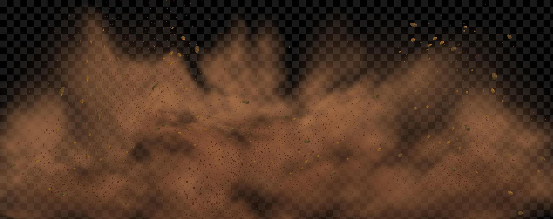 background of a sand explosion with dirt and cloud smoke. Brown sandstorm splash and dirty ground with a textured wind effect.Yellow flying particles and stone. vector