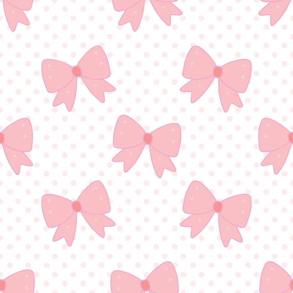 Cute pink bow seamless pattern with pastel pink dots on white background. vector