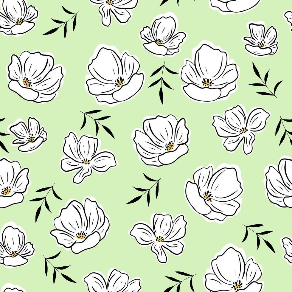 Delicate white flowers with leaves seamless pattern. Light green pattern vector