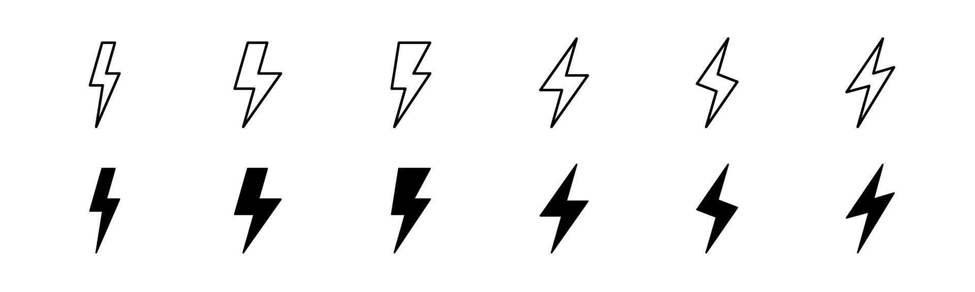 Lightning icon set. Line and glyph flash sign. Outline thunderbolt symbol vector