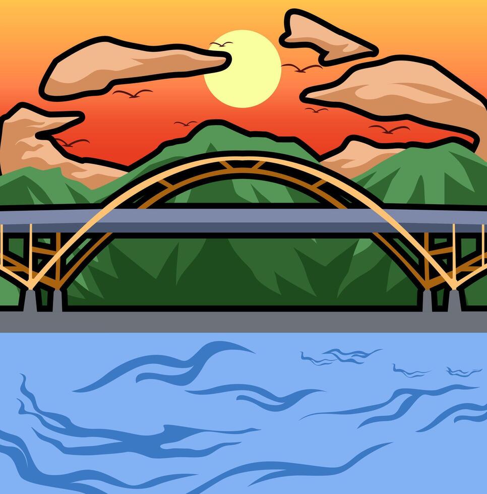 Background bridge sunset view vector
