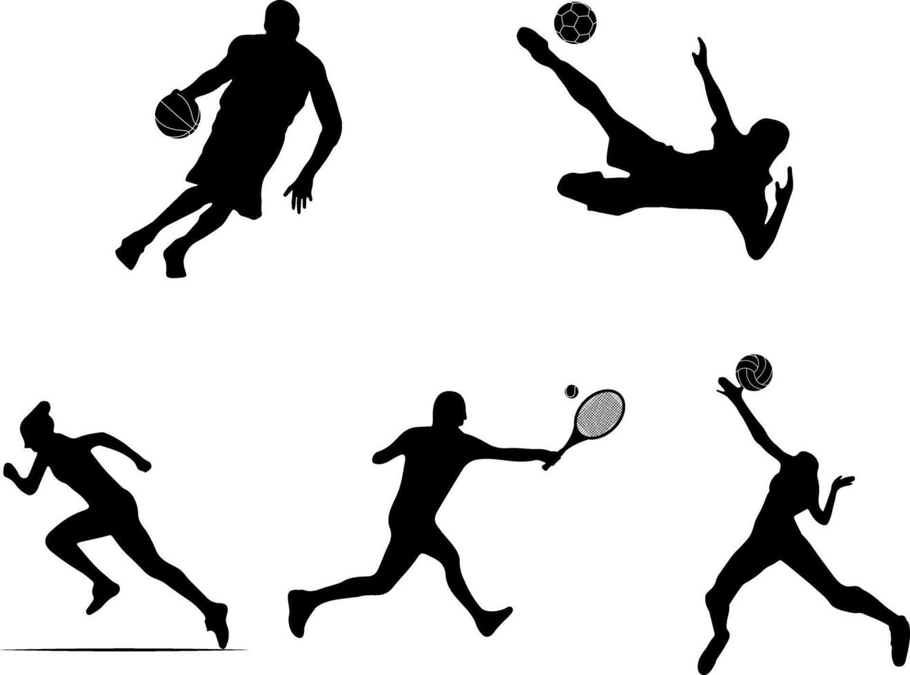 Silhouette Images of Athletes Playing Basketball, Soccer, Tennis, Running, Volleyball in Action Poses. Dynamic Movement of Sportsmen. illustration vector