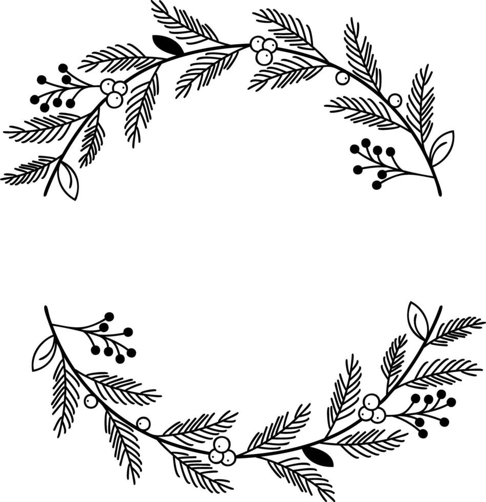 Black and White Monochromatic Floral Wreath with Leaves and Berries on White Background. Minimalistic Botanical Round Border. illustration vector