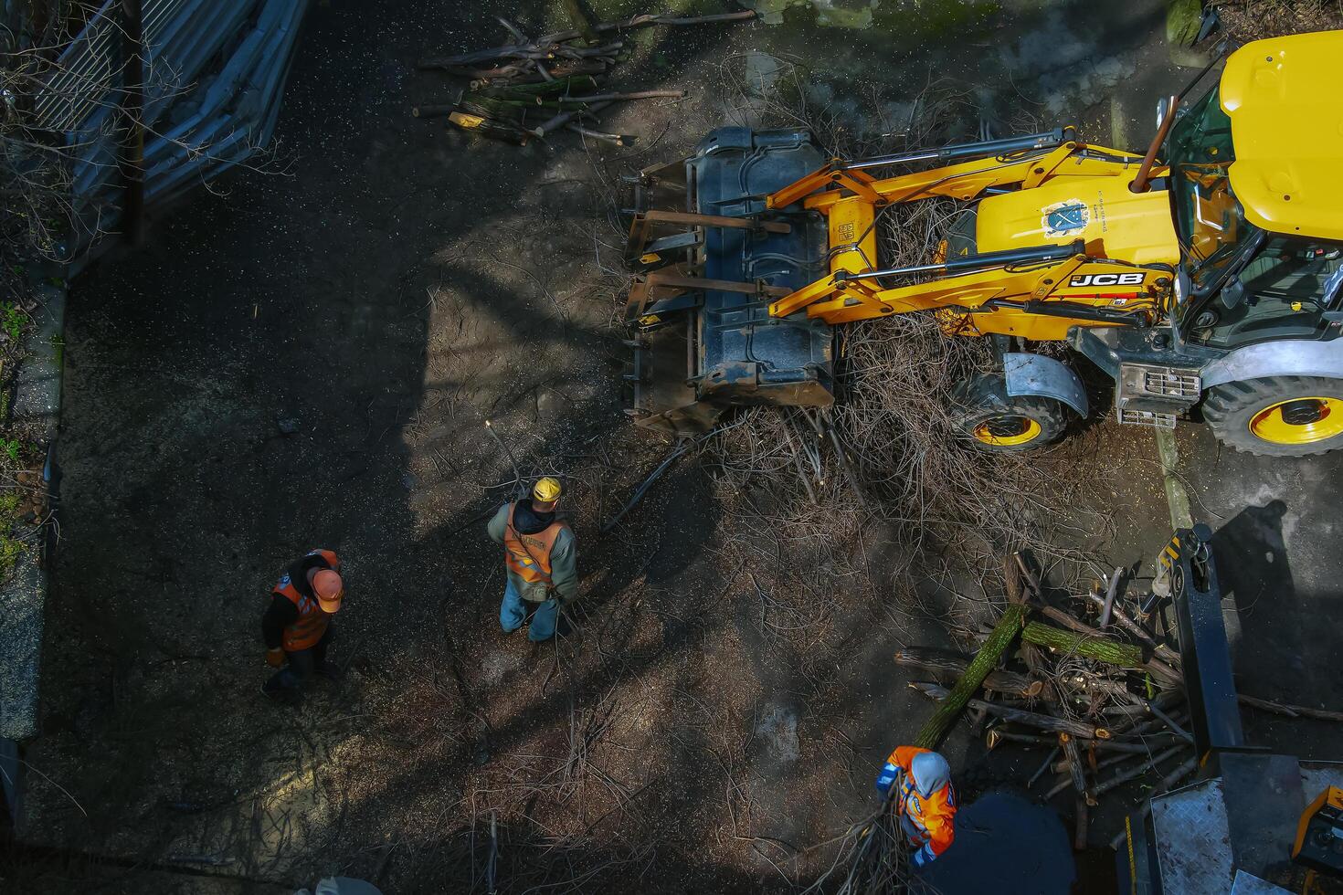 Dnepr, Ukraine - 03.20.2024 A bulldozer collects branches after pruning trees. View from above photo