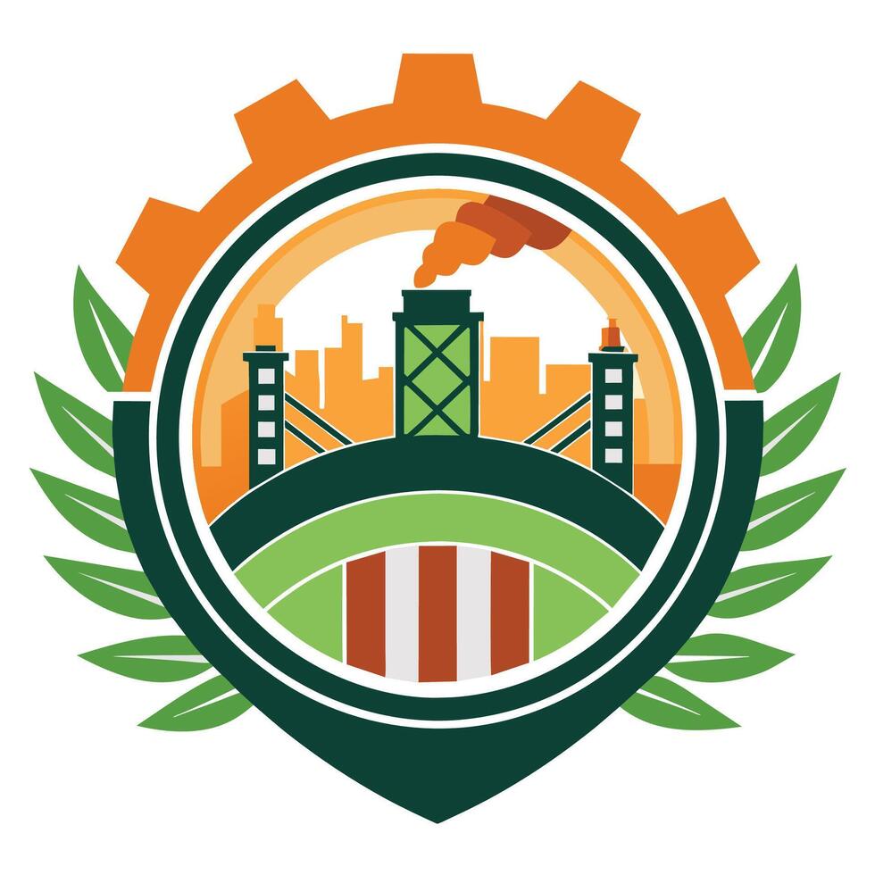 Cityscape With Bridge, Gear, and Laurel Wreath Design vector