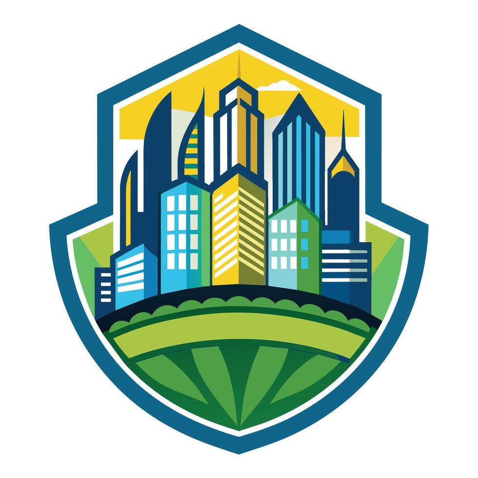 Colorful Cityscape Emblem With Green Landscape vector