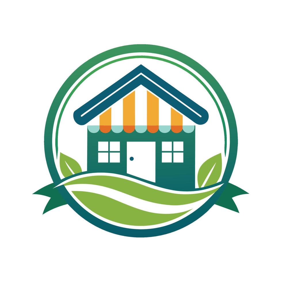 Green House Logo With Orange Striped Awning And Leaves vector