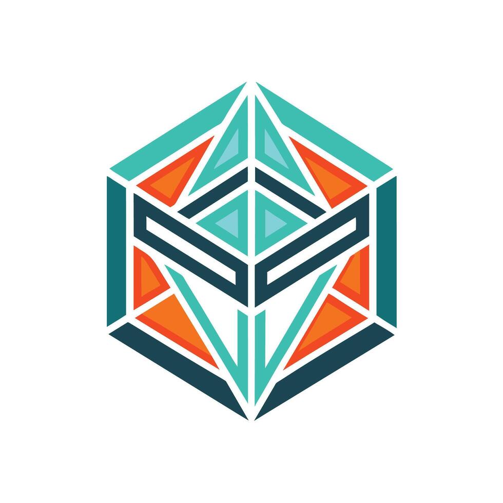 Abstract Geometric Hexagon Design With Orange, Teal, and Black Lines vector