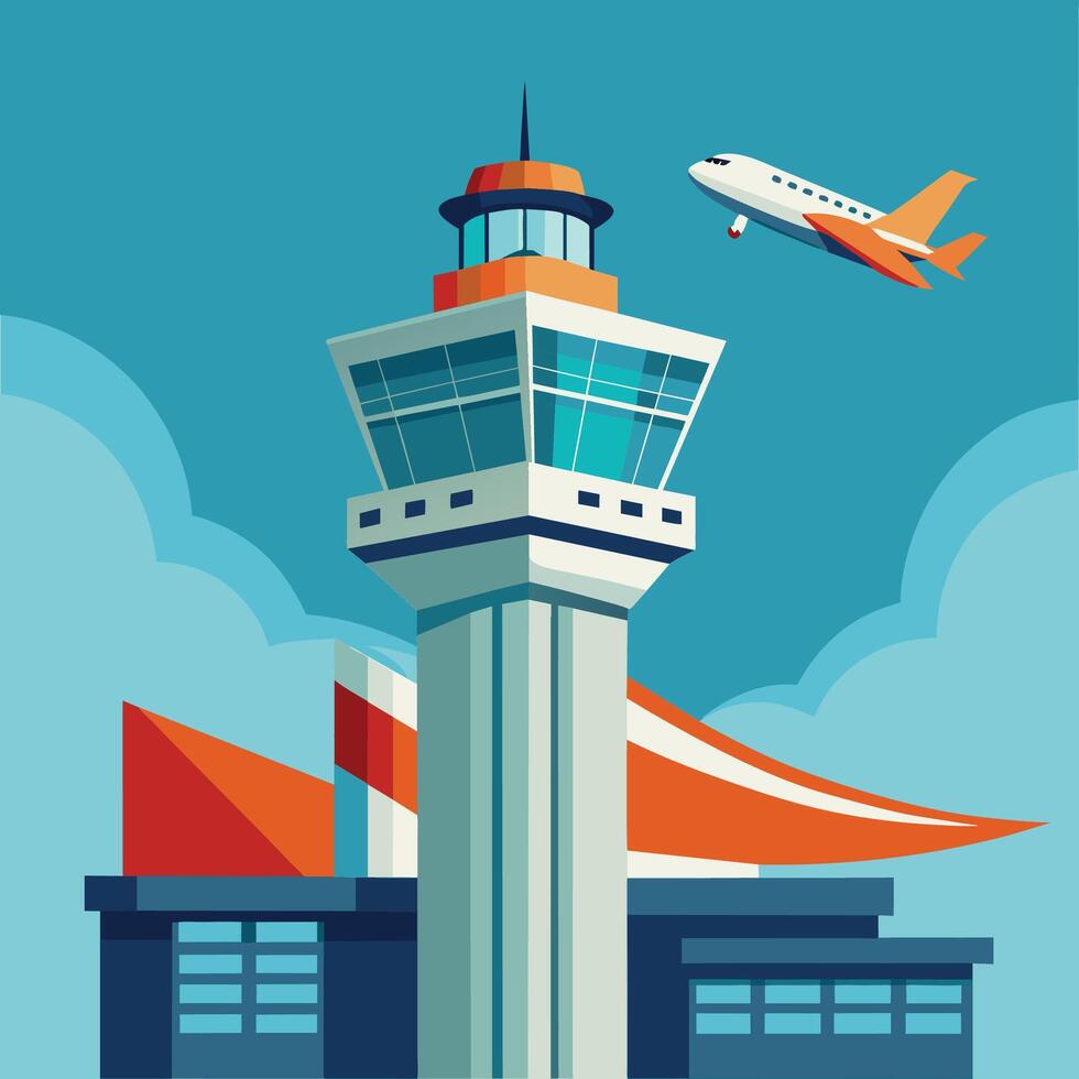 Airplane Taking Off Near an Airport Control Tower vector