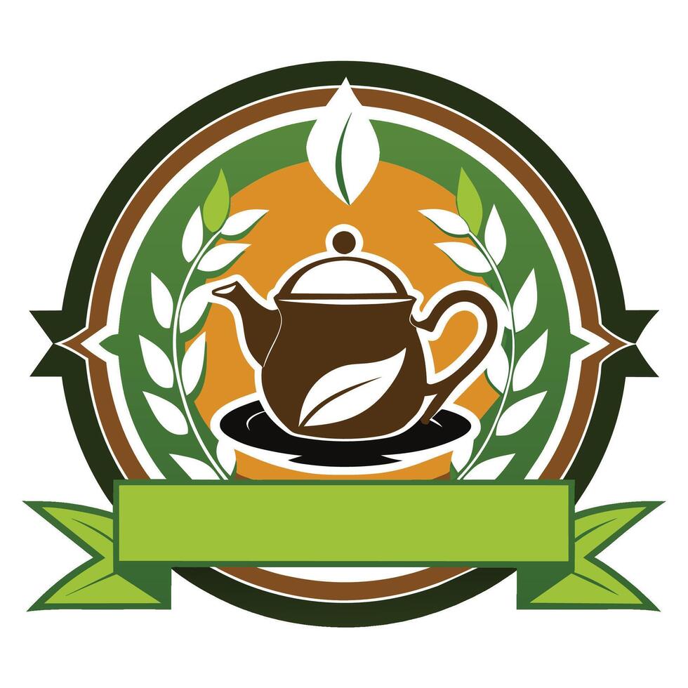 Green Teapot Emblem With Green Leaves and Ribbon vector