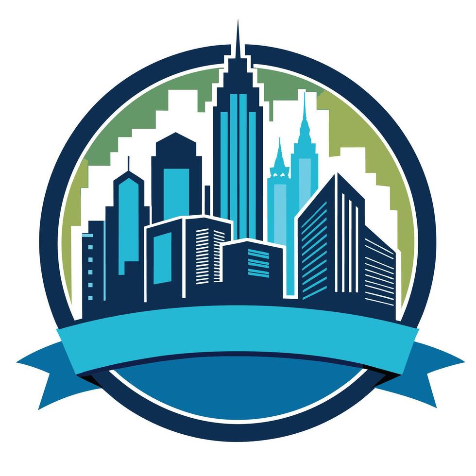 Modern City Skyline Illustration With Ribbon Banner vector