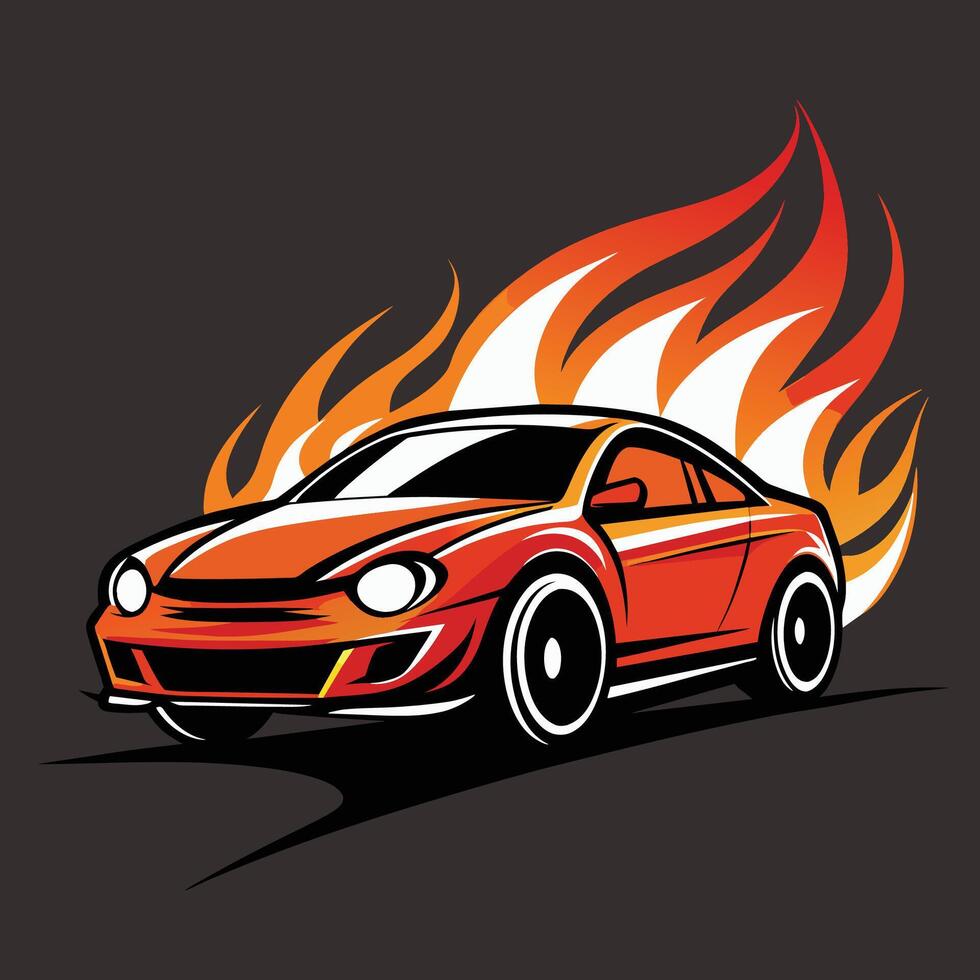 Orange Sports Car Driving Through Flames Illustration vector