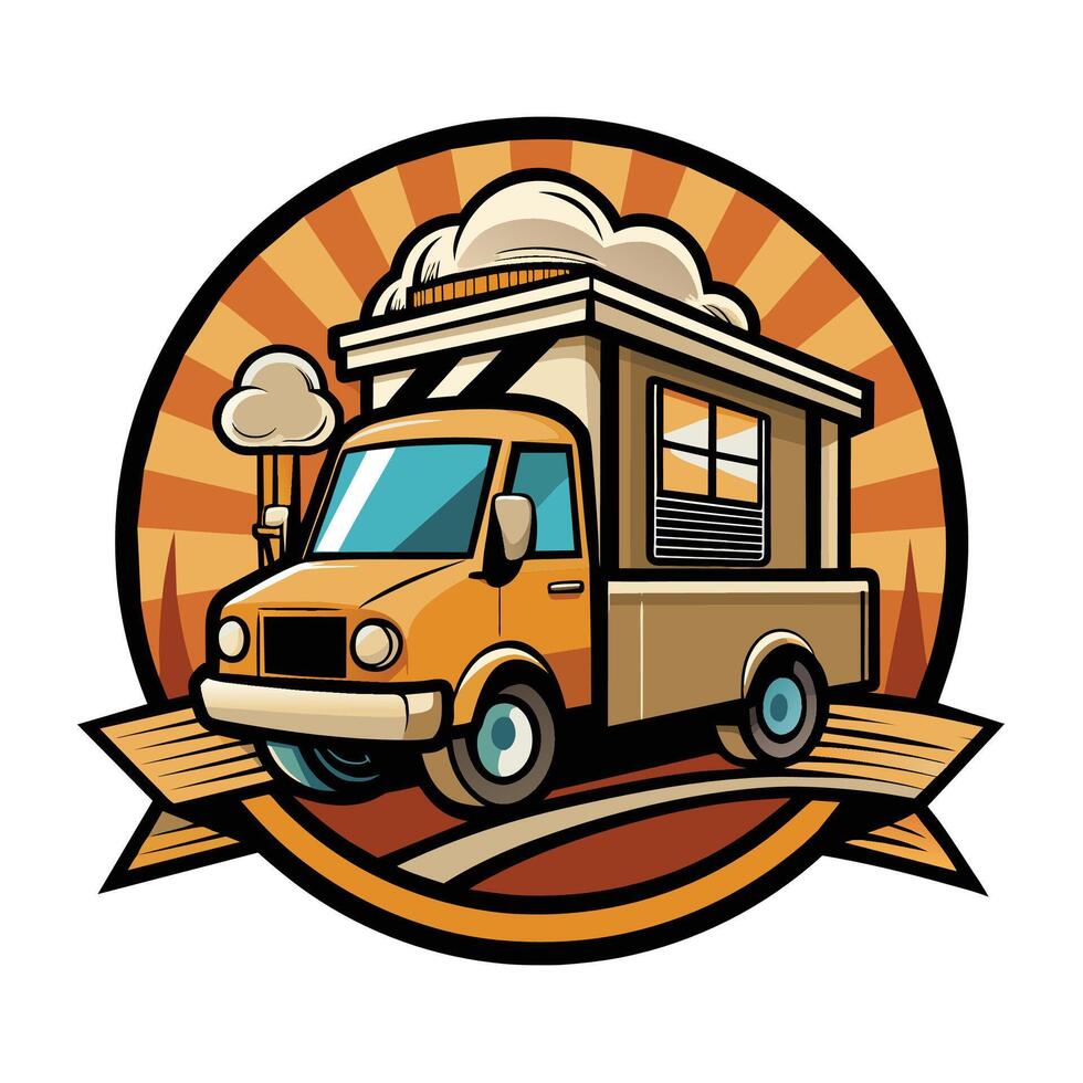 Illustrated Orange Food Truck With Smoke and a Sunburst Background vector