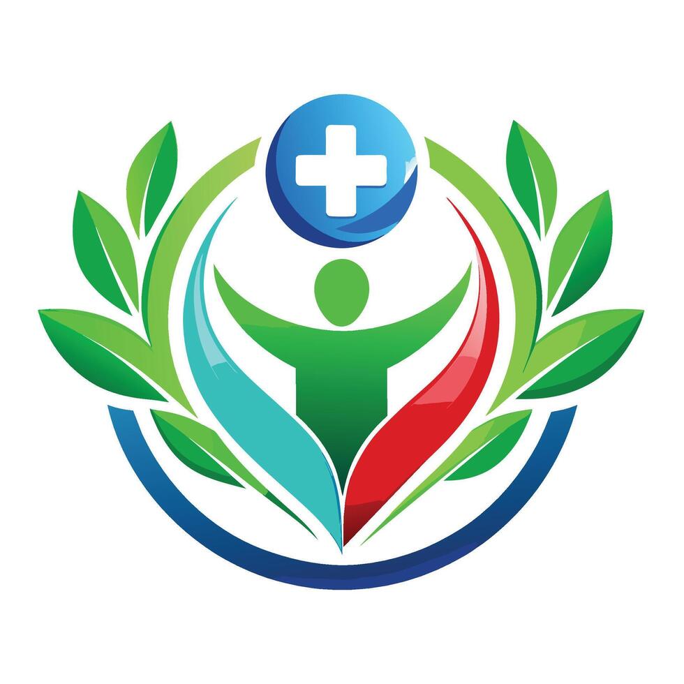 Colorful Logo Featuring a Green Person With Outstretched Arms Surrounded by Green Leaves and a Blue Circle With a White Plus Sign vector