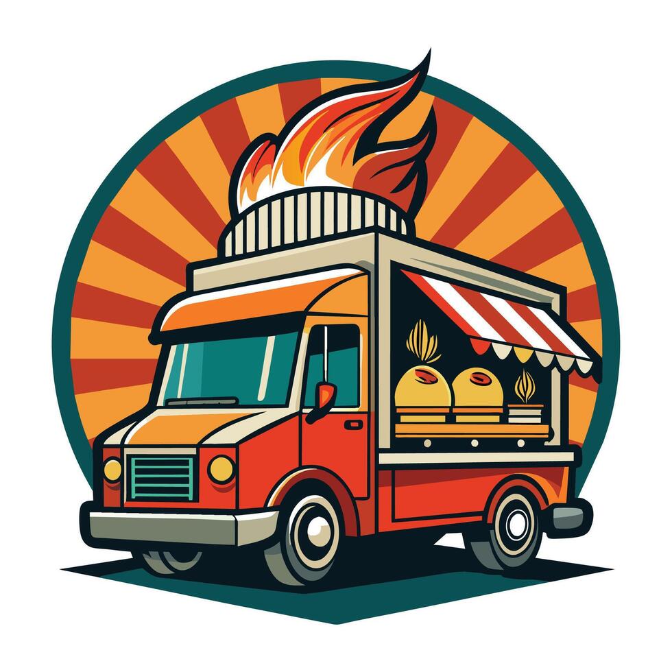 Retro Food Truck With Flames and Striped Awning vector