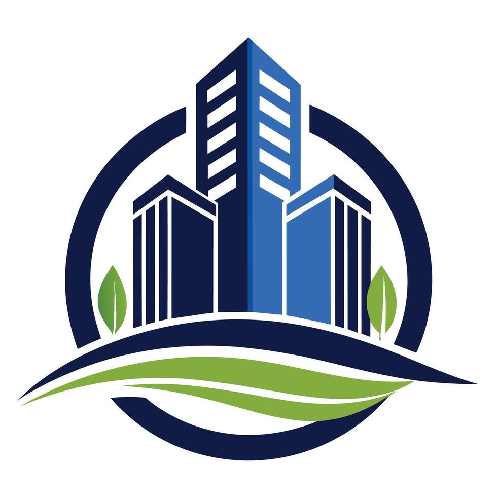 Modern Cityscape Skyline Logo With Green Leaves And Circle vector