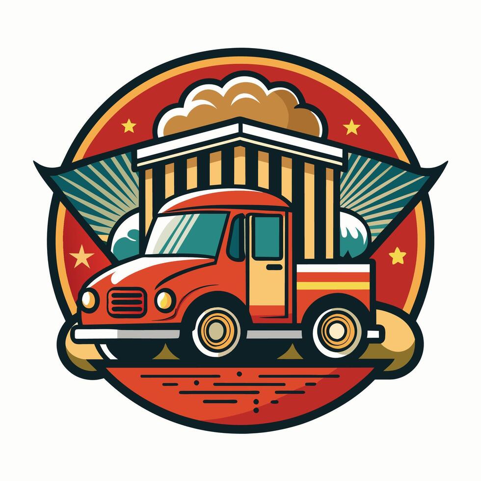 Retro Red Delivery Truck With Striped Building In Circular Emblem vector