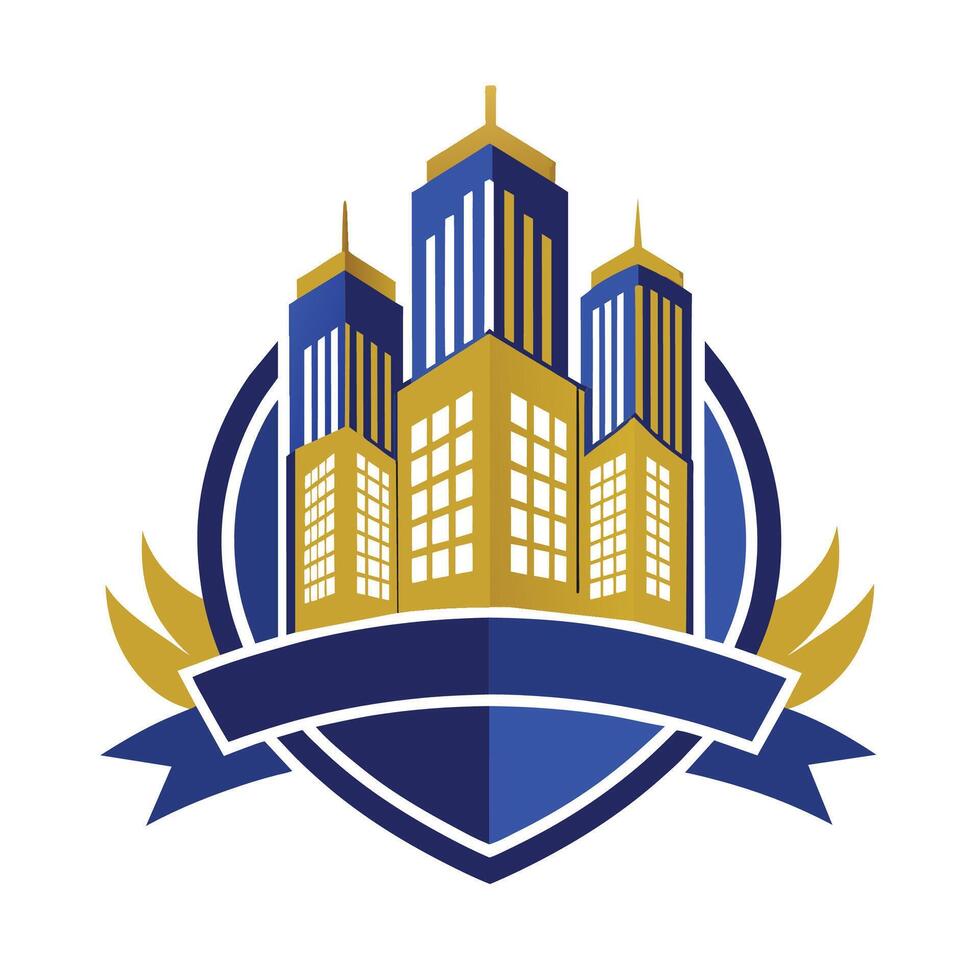 Blue And Gold Cityscape Logo Design With Wings And Ribbon vector