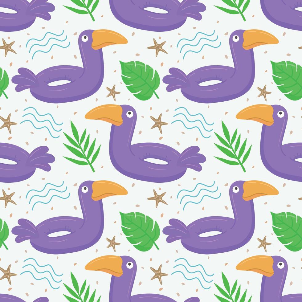 Seamless pattern with purple toucan. A float for the pool. Inflatable colorful toucans, starfish and palm leaves. A swimming circle. template for your summer beach design vector