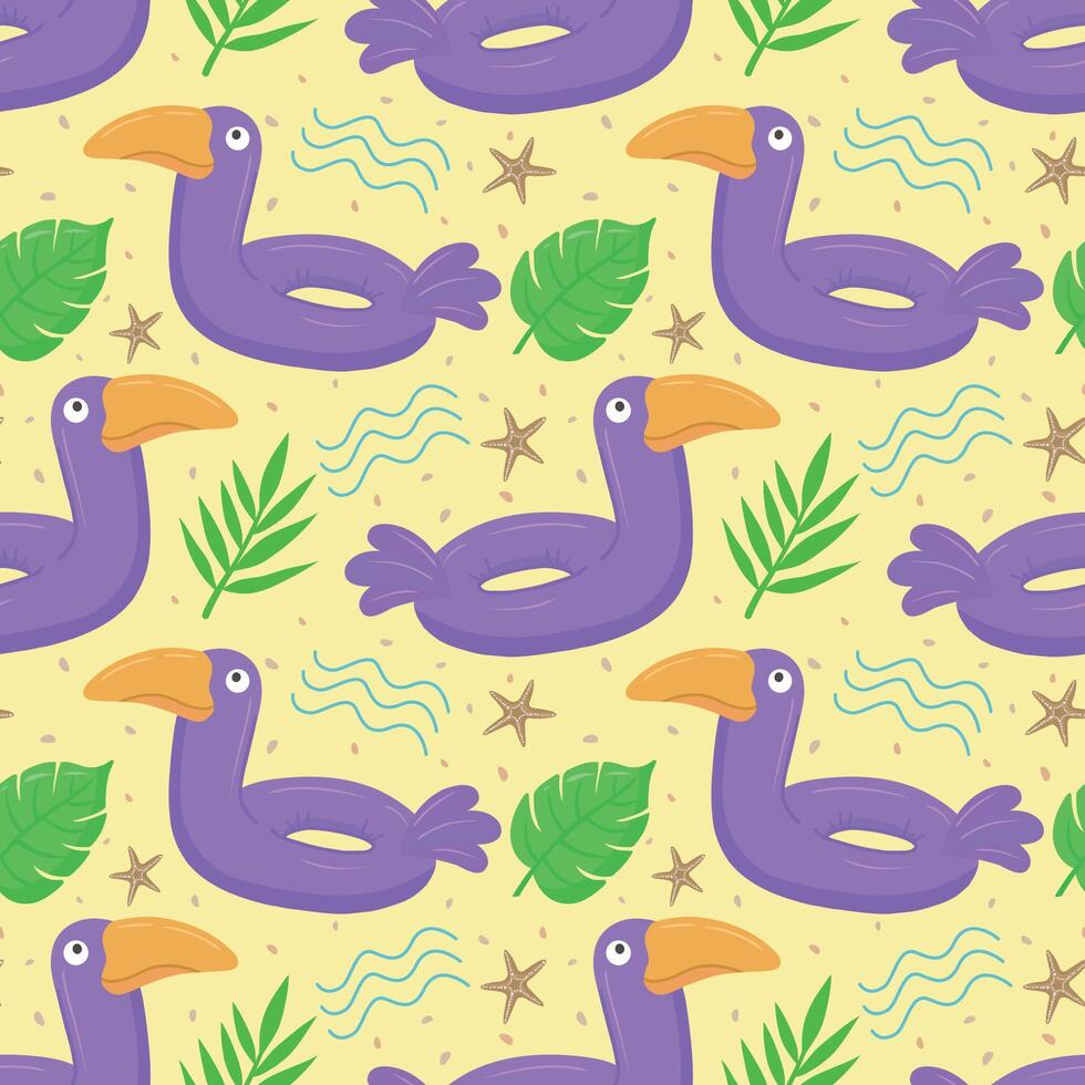 Seamless pattern with purple toucan. A float for the pool. Inflatable colorful toucans, starfish and palm leaves. A swimming circle. template for your summer beach design vector