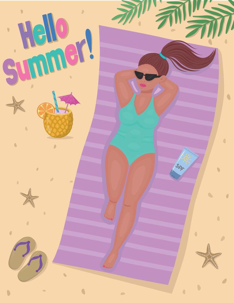 un niña es broncearse en el playa. Hola, verano. un hermosa niña en un verde traje de baño es broncearse en el playa. ilustración de un playa día festivo. vector