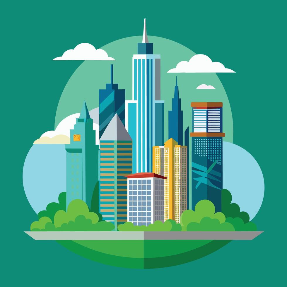 Modern City Skyline Illustration With Buildings and Clouds vector