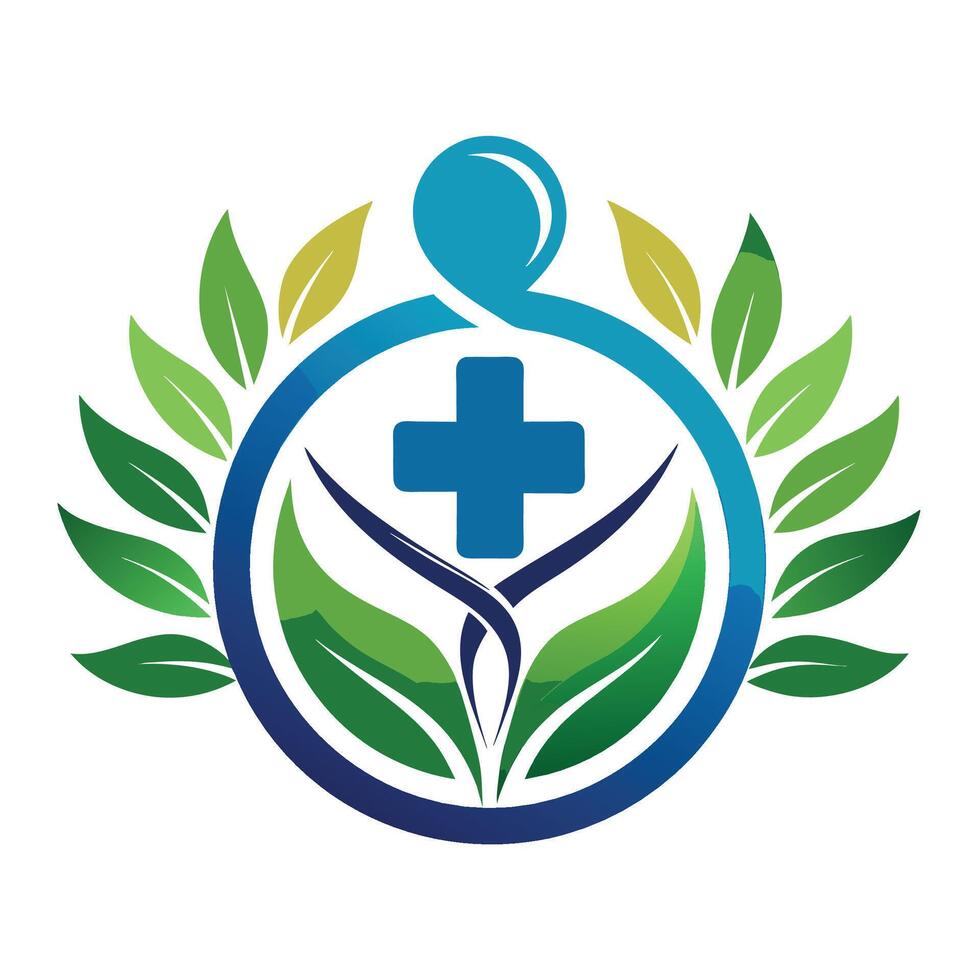 Abstract Logo Design With A Blue Cross, Green Leaves, And A Person Shape vector