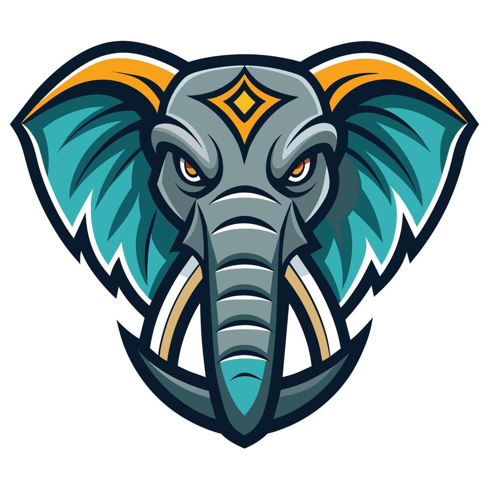 Angry Cartoon Elephant Head With Teal And Yellow Ears vector