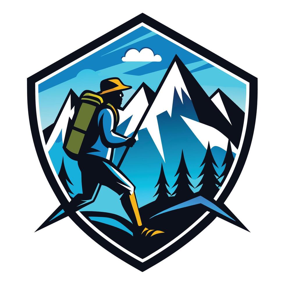 A Climber Ascending A Mountain Range Under A Clear Blue Sky vector