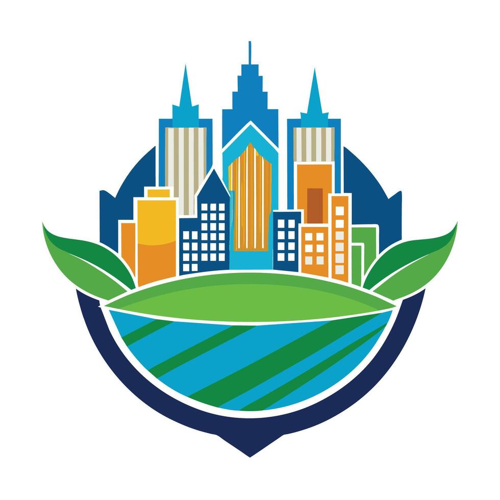 Colorful Cityscape With Green Leaves Surrounded by Water vector