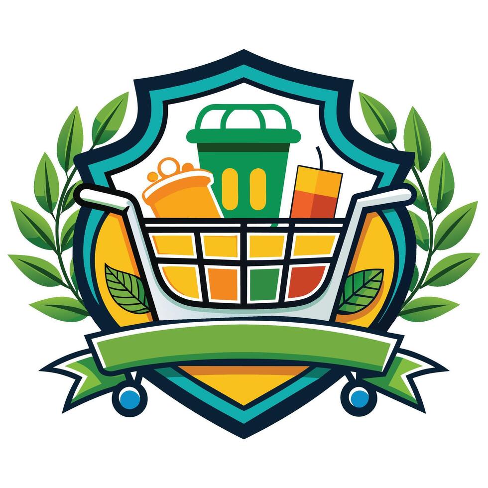 Green Leaf Shopping Cart Logo Design With Shield and Ribbon vector