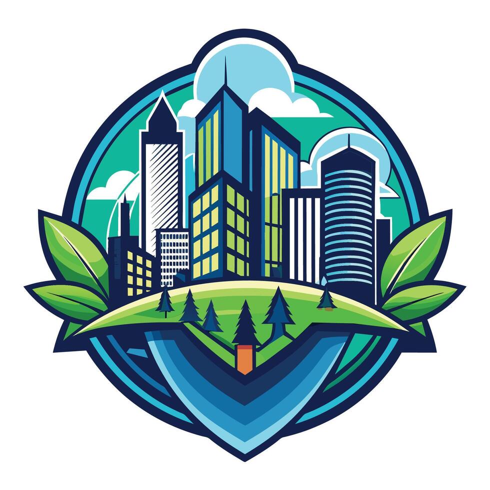 Green City Skyline With Trees and Clouds vector