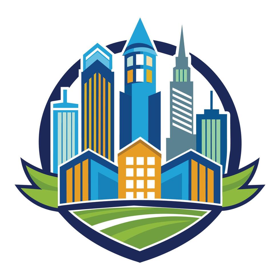 Colorful Cityscape Illustration With Green Fields And Buildings vector